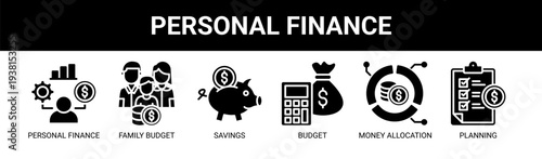 Personal Finance web banner icon vector illustration concept with icons of personal finance, family budget, savings, budget, money allocation, and planning.
