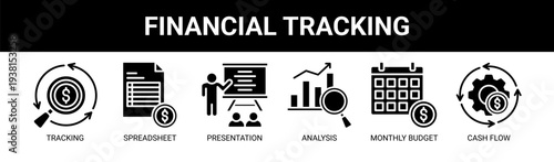 Financial Tracking web banner icon vector illustration concept with icons of tracking, spreadsheet, presentation, analysis, monthly budget, and cash flow.