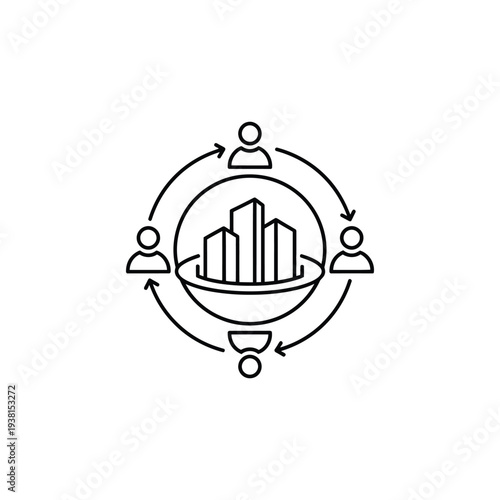 Global Business Network Illustration Featuring Cityscape and People Icons in Circular Motion