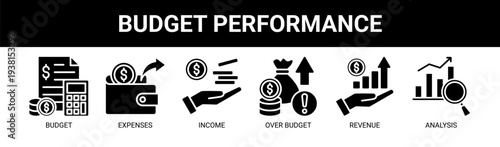 Budget Performance web banner icon vector illustration concept with icons of budget, expenses, income, over budget, revenue, and analysis.
