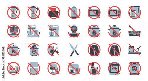 Set of Forbidden Kitchen Appliances with Red Prohibition Signs Household Equipment Restrictions