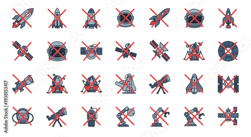 Collection of Diverse Space Exploration Objects Marked Forbidden and Permitted Visual Guide for Rules