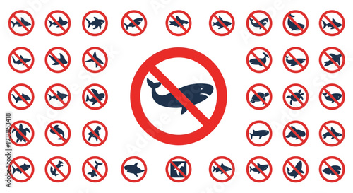 Marine Life Prohibition Signs with Sea Animals Including Whales and Sharks Symbolizing Aquatic Conservation
