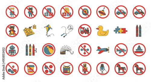 Collection of Various Childrens Toys and Prohibited Unsafe Playthings Icons for Kid Safety Rules