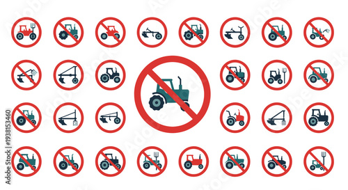 Set of Red Prohibition Signs with Forbidden Agricultural Machinery and Farming Equipment