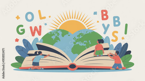 Children learning from a giant book with the earth and sun surrounded by colorful letters and leaves