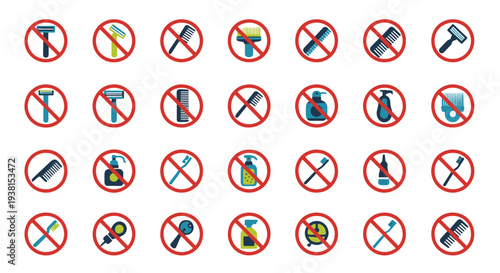 Collection of Flat Design Prohibition Signs for Personal Grooming Items and Toiletries