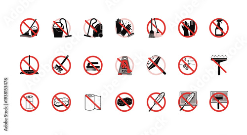Diverse Cleaning Tools and Household Supplies with Red Prohibition Symbols Indicating No Cleaning