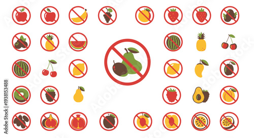 Assortment of Various Fruits Inside Red No Entry Circles Conveying Food Intolerance or Dietary Warnings