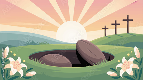 Easter morning scene with empty tomb and crosses at sunrise symbolizing hope and renewal