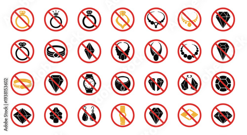 Prohibition Symbols over Rings Necklaces Diamonds Watches Bracelets and Earrings Icons Set
