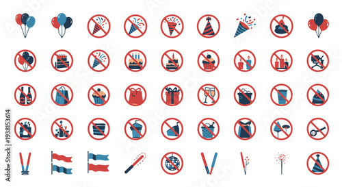 Symbols of Prohibited Party and Celebration Objects Like Balloons Cakes Confetti and Drinks