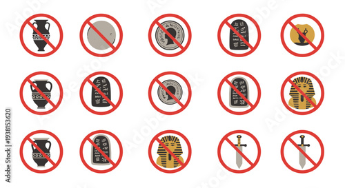 Ancient Historical Objects Including Vases Coins and Tablets with Red Prohibition Signs