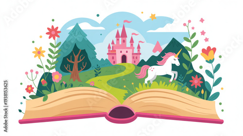 Whimsical illustration of an open book with a pink castle white unicorn and vibrant floral landscape emerging from its pages in a fantasy setting