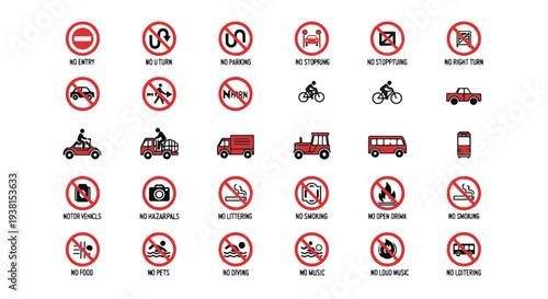 Diverse Set of Red Prohibition and Transportation Signs Regulating Rules and Public Safety Symbols