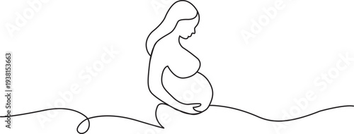 Continuous one line drawing of a pregnant woman touching her belly isolated