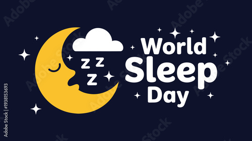 "World Sleep Day" Vector Illustration with Sleeping Moon, ZZZ Cloud, and Stars on Dark Blue Background