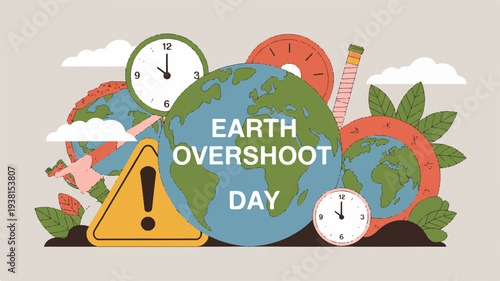 Earth overshoot day concept with warning sign and clocks symbolizing environmental impact and resource depletion