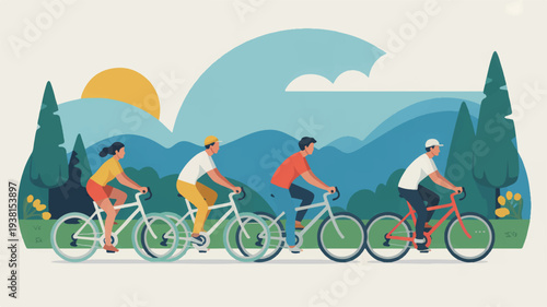 Cyclists riding bicycles in a scenic outdoor setting with mountains and trees sunny day with blue sky