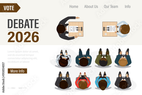 Debate before vote 2026 year, landing page template. Leaders of political parties conducting discussion on public debates. Election campaign. Electorate, viewers are sitting.