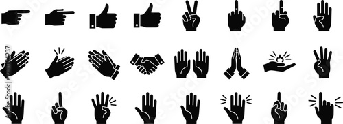 Collection of various black silhouette icons representing essential human hand gestures including pointing, thumbs up, peace sign, clapping, shaking hands, and counting fingers vector.