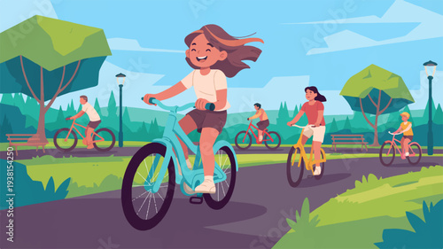 Happy woman riding bicycle on park path with friends sunny day blue sky green trees grassy area leisurely ride outdoor fun exercise freedom joy recreation