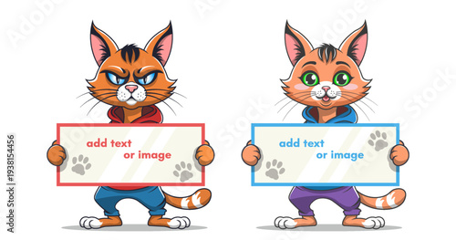 Vector two ginger cartoon cats holding blank poster or banner. Inscription, add text or image. Toon puss, angry and smiling. Prints paws. Sample or template. Isolated background