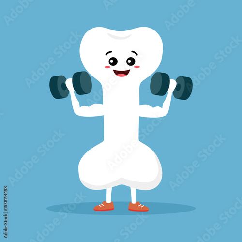 Healthy bone full of calcium arms showing white strong muscles powerful vector style. Exercises and eat healthy food. Health concept. Isolated on blue background