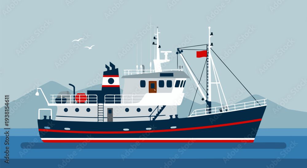 Fototapeta premium Detailed vector illustration of a fishing trawler boat sailing on the sea with a mountainous background and gulls flying