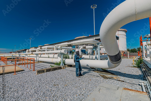 Male worker inspection at valve of visual check record pipeline oil and gas