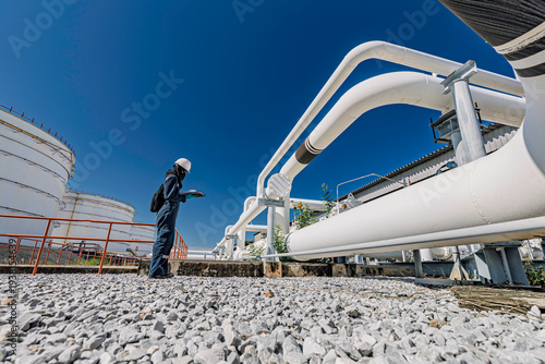 Male worker inspection at valve of visual check record pipeline oil and gas