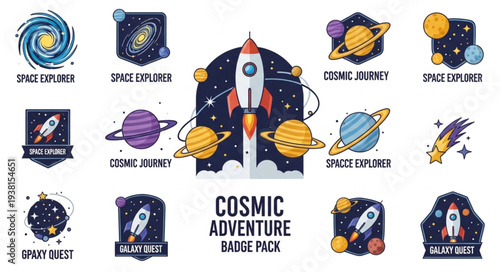 Cosmic Adventure Badge Pack with Rocket and Planets.