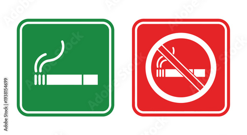 Set of vector graphic illustration signs indicating permitted smoking areas and prohibited non-smoking zones clearly