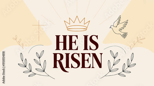 Easter celebration text with crown dove and leaves on beige background symbolizing hope and resurrection