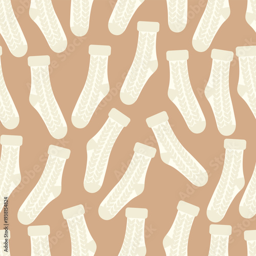 Seamless knitted socks pattern on beige background
