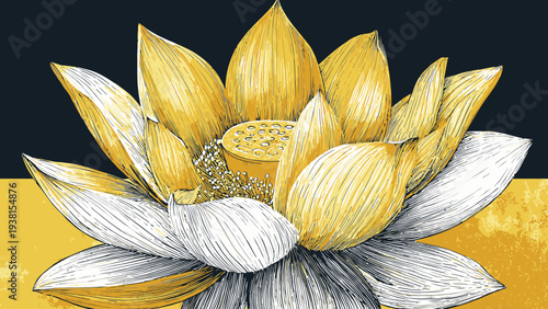 Golden Lotus Blossom Illustration, Minimalist Floral Design
