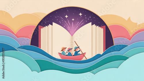 Two people in a red boat sailing through waves towards an open book with a starry night sky