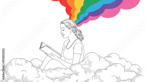 Woman sitting on clouds reading book with rainbow thought bubble