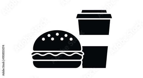 Simple black and white vector illustration depicting a classic burger and a disposable take-out beverage cup design.