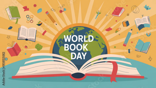Vibrant world book day illustration with open book globe and colorful educational icons floating around