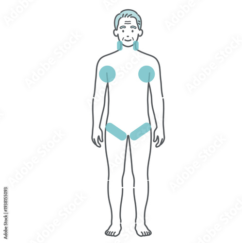 シニア男性の人体図イラスト（熱中症・発熱時の冷やすポイント・応急処置）