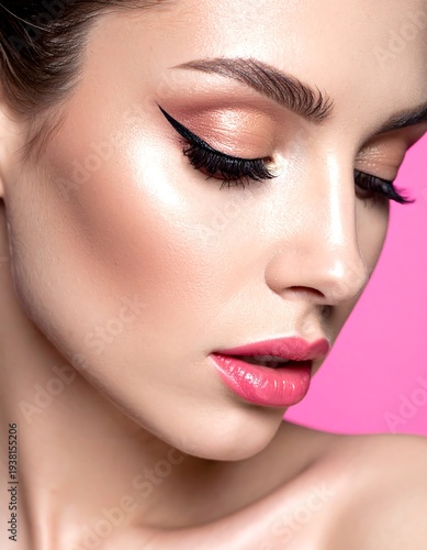 Close-up of a woman's face with dramatic eye makeup and pink lips