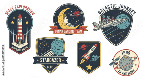 Collection of retro space exploration patches and emblems.