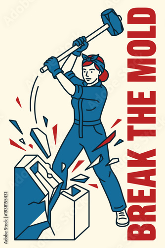 Conceptual illustration of female worker breaking the mold