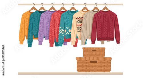 Eight vibrantly colored knitted sweaters with diverse patterns are neatly arranged on a silver clothes rack above two stacked wicker baskets.