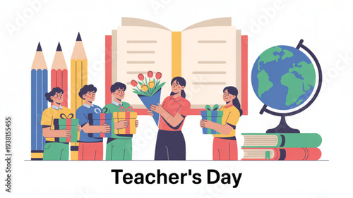 Students celebrate teacher's day with gifts and flowers in a colorful classroom setting with books and globe