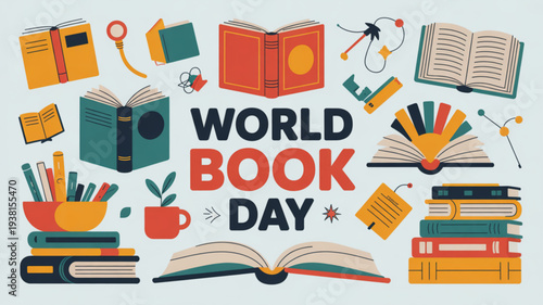 Vibrant world book day illustration with colorful books stationery and reading accessories surrounding central text on light background
