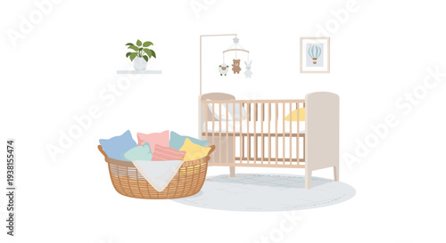 A minimalist nursery scene displays a wooden crib with a mobile, a potted plant, and a wicker basket filled with colorful pillows.