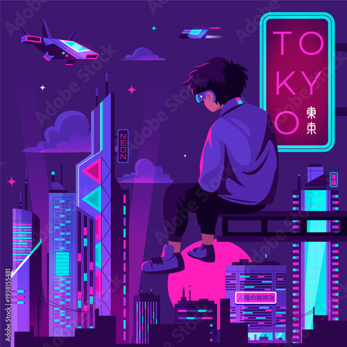 Cyberpunk City With Character And Car Composition Flat Illustration