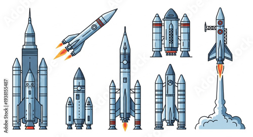 Collection of various rocket ships and spacecraft illustrations.